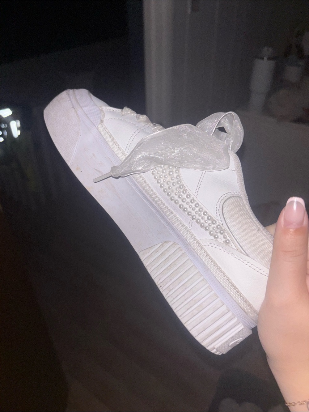 Nike White Platform Women's Sneakers with Pearl Embellished Swoosh